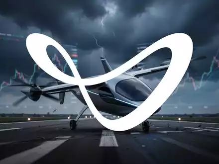 Ein futuristisches eVTOL-Flugzeug von Joby Aviation steht auf einem Rollfeld unter stürmischem Himmel, was einen Kurssturz andeutet. - Foto: über boerse-global.de