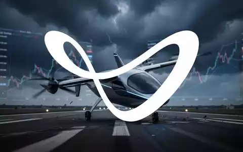Ein futuristisches eVTOL-Flugzeug von Joby Aviation steht auf einem Rollfeld unter stürmischem Himmel, was einen Kurssturz andeutet. - Foto: über boerse-global.de