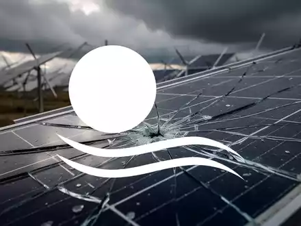 Ein zerbrochenes Solarpanel mit Rissen spiegelt einen bewölkten Himmel wider, im Hintergrund eine unscharfe Solaranlage. - Foto: über boerse-global.de
