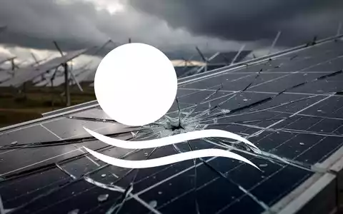 Ein zerbrochenes Solarpanel mit Rissen spiegelt einen bewölkten Himmel wider, im Hintergrund eine unscharfe Solaranlage. - Foto: über boerse-global.de