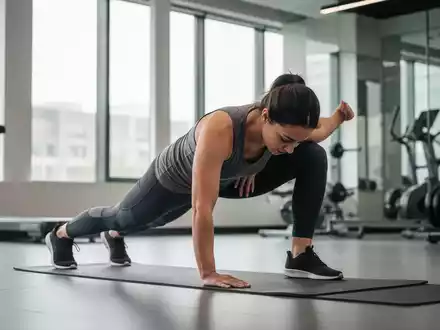 Eine Person in Sportkleidung führt eine leichte Dehnübung in einem modernen Fitnessstudio durch, um den Wiedereinstieg in den Sport zu symbolisieren. - Foto: über boerse-global.de