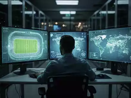 Cybersecurity-Profi analysiert Daten in einem Serverraum mit Bildschirmen, die Fussballstadien und digitale Bedrohungen zeigen. - Foto: über boerse-global.de