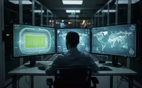 Cybersecurity-Profi analysiert Daten in einem Serverraum mit Bildschirmen, die Fussballstadien und digitale Bedrohungen zeigen. - Foto: über boerse-global.de