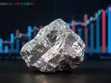 Nahaufnahme einer Silbererzprobe mit metallischem Glanz vor einem verschwommenen, aufsteigenden Finanzdiagramm. - Foto: über boerse-global.de