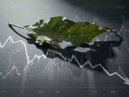 Ein welkes grünes Blatt auf einem dunkelgrauen Finanzdiagramm, das einen starken Abwärtstrend zeigt. - Foto: über boerse-global.de