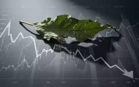 Ein welkes grünes Blatt auf einem dunkelgrauen Finanzdiagramm, das einen starken Abwärtstrend zeigt. - Foto: über boerse-global.de