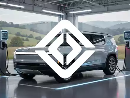 Ein glänzender, moderner Rivian R2 SUV an einer Ladestation, mit einer Fabrik oder Landschaft in Illinois im Hintergrund. - Foto: über boerse-global.de