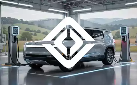Ein glänzender, moderner Rivian R2 SUV an einer Ladestation, mit einer Fabrik oder Landschaft in Illinois im Hintergrund. - Foto: über boerse-global.de