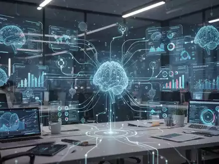 An abstract, futuristic digital interface showing interconnected applications and data, representing AI workflow automation. - Foto: über boerse-global.de