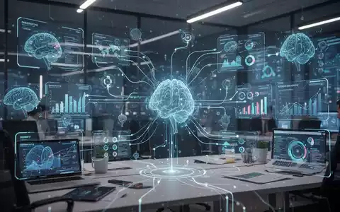 An abstract, futuristic digital interface showing interconnected applications and data, representing AI workflow automation. - Foto: über boerse-global.de