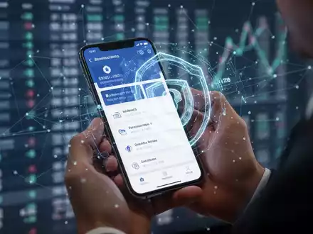Eine Person hält ein Smartphone, das eine Banking-App-Oberfläche mit digitalen Sicherheits-Overlays anzeigt, vor einem verschwommenen Hintergrund aus Finanzdaten. - Foto: über boerse-global.de