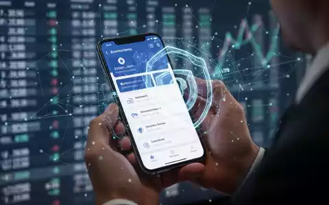 Eine Person hält ein Smartphone, das eine Banking-App-Oberfläche mit digitalen Sicherheits-Overlays anzeigt, vor einem verschwommenen Hintergrund aus Finanzdaten. - Foto: über boerse-global.de