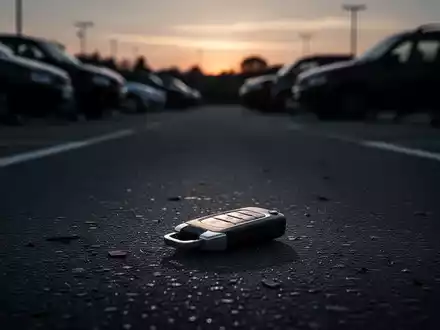 Ein dunkler Parkplatz bei Sonnenaufgang, mit schemenhaften Autosilhouetten. Ein einzelner Autoschlüssel liegt verlassen auf dem Asphalt. - Foto: über boerse-global.de