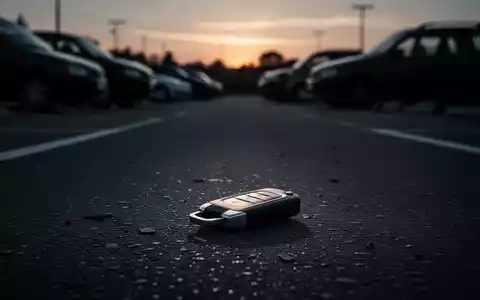 Ein dunkler Parkplatz bei Sonnenaufgang, mit schemenhaften Autosilhouetten. Ein einzelner Autoschlüssel liegt verlassen auf dem Asphalt. - Foto: über boerse-global.de