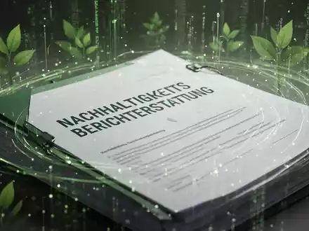 Ein Stapel Dokumente mit der Aufschrift „NACHHALTIGKEITSBERICHTERSTATTUNG“, umgeben von digitalen Datenströmen und grünen Symbolen. - Foto: über boerse-global.de
