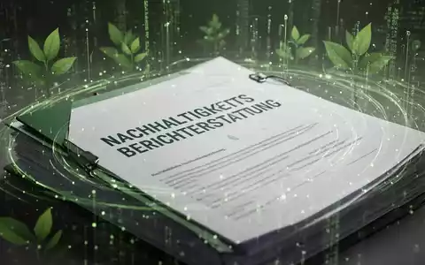 Ein Stapel Dokumente mit der Aufschrift „NACHHALTIGKEITSBERICHTERSTATTUNG“, umgeben von digitalen Datenströmen und grünen Symbolen. - Foto: über boerse-global.de