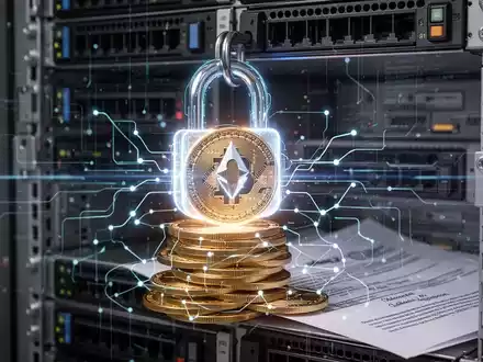 Ein stilisiertes, leuchtendes digitales Vorhängeschloss sichert Kryptowährungen auf einem Server-Rack. Datenströme und rechtliche Dokumente im Hintergrund. - Foto: über boerse-global.de