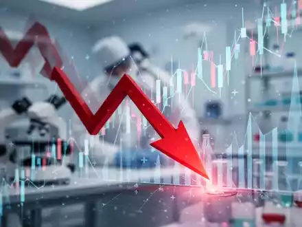 Roter Pfeil stürzt dramatisch durch eine Kursgrafik, symbolisiert starken Aktienrückgang. Hintergrund angedeutet ein Labor. - Foto: über boerse-global.de
