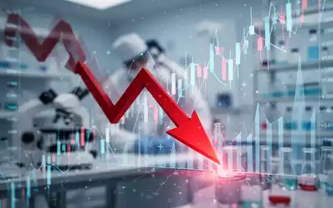 Roter Pfeil stürzt dramatisch durch eine Kursgrafik, symbolisiert starken Aktienrückgang. Hintergrund angedeutet ein Labor. - Foto: über boerse-global.de