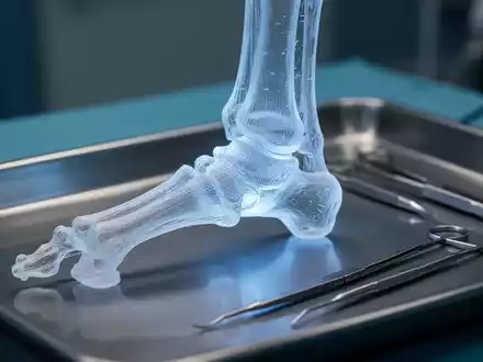 Ein detailreiches, durchscheinendes 3D-gedrucktes Knochenmodell eines Sprunggelenks auf einem sterilen chirurgischen Tablett. - Foto: über boerse-global.de