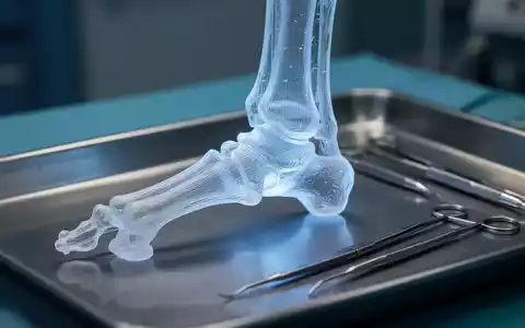 Ein detailreiches, durchscheinendes 3D-gedrucktes Knochenmodell eines Sprunggelenks auf einem sterilen chirurgischen Tablett. - Foto: über boerse-global.de