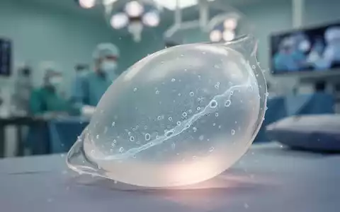 Nahaufnahme eines Brustimplantats mit einem feinen, leuchtenden Bakterienbiofilm auf der Oberfläche in einer sterilen Umgebung. - Foto: über boerse-global.de