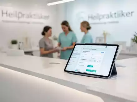 Ein Tablet auf einer modernen Empfangstheke zeigt eine Online-Terminbuchungsplattform für Heilpraktiker und Osteopathen. - Foto: über boerse-global.de