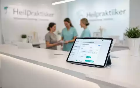 Ein Tablet auf einer modernen Empfangstheke zeigt eine Online-Terminbuchungsplattform für Heilpraktiker und Osteopathen. - Foto: über boerse-global.de