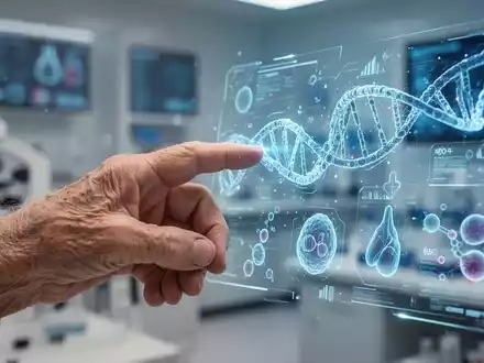 Eine ältere Hand interagiert mit einer holografischen Anzeige, die Gesundheitsdaten, DNA-Stränge und biologische Marker darstellt. - Foto: über boerse-global.de