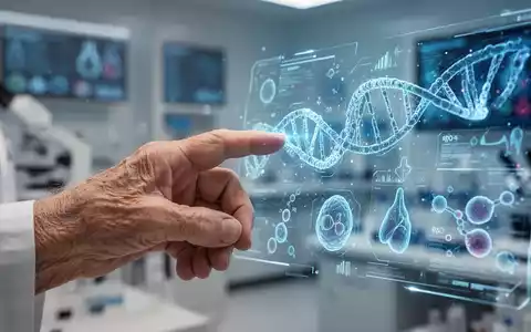 Eine ältere Hand interagiert mit einer holografischen Anzeige, die Gesundheitsdaten, DNA-Stränge und biologische Marker darstellt. - Foto: über boerse-global.de