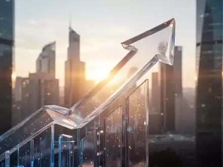 Eine stilisierte, aufwärts gerichtete Pfeilform über einem unscharfen Finanzviertel bei Sonnenaufgang, symbolisiert Wachstum und positive Entwicklung. - Foto: über boerse-global.de