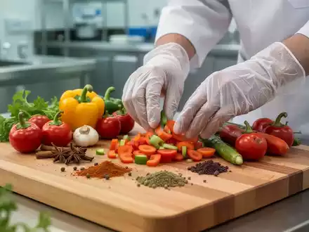 Nahaufnahme von frischem Gemüse und Gewürzen auf einem Schneidebrett, Hände mit Handschuhen bereiten Essen zu. - Foto: über boerse-global.de