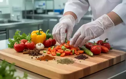 Nahaufnahme von frischem Gemüse und Gewürzen auf einem Schneidebrett, Hände mit Handschuhen bereiten Essen zu. - Foto: über boerse-global.de
