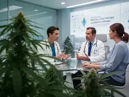 Eine Cannabis-Pflanze im Vordergrund, unscharf, mit einem Arzt und einem Patienten, die im Hintergrund eine Behandlung besprechen. - Foto: über boerse-global.de