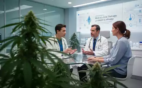 Eine Cannabis-Pflanze im Vordergrund, unscharf, mit einem Arzt und einem Patienten, die im Hintergrund eine Behandlung besprechen. - Foto: über boerse-global.de