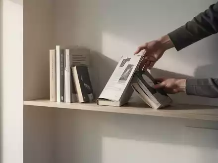 Eine Hand legt ein Buch in ein sauberes, minimalistisches Regal, während ein anderes Buch entfernt wird, symbolisiert die Ein-für-eins-Regel. - Foto: über boerse-global.de