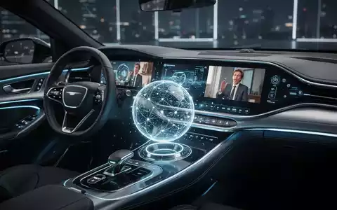 A futuristic car dashboard featuring a glowing orb AI interface and a digital display showing video content, illustrating new CarPlay features. - Foto: über boerse-global.de