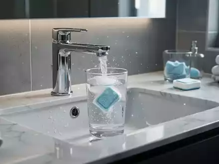 Ein modernes Badezimmer mit einem glänzenden Waschbecken und Wasserhahn, daneben ein Spülmaschinentab, der sich in einem Glas Wasser auflöst. - Foto: über boerse-global.de