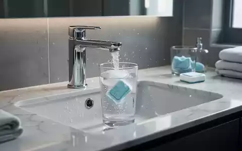 Ein modernes Badezimmer mit einem glänzenden Waschbecken und Wasserhahn, daneben ein Spülmaschinentab, der sich in einem Glas Wasser auflöst. - Foto: über boerse-global.de