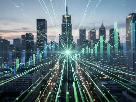 Abstrakte Darstellung von Finanzdatenfluss und Investitionswachstum mit leuchtenden digitalen Linien, die auf einen Punkt zulaufen. - Foto: über boerse-global.de