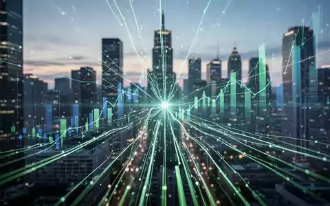 Abstrakte Darstellung von Finanzdatenfluss und Investitionswachstum mit leuchtenden digitalen Linien, die auf einen Punkt zulaufen. - Foto: über boerse-global.de