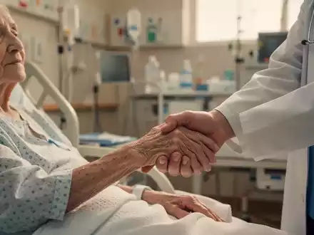 Ältere Patientenhand hält die Hand eines Arztes. Im Hintergrund verschwommen ein Krankenhausflur, der Fürsorge und Unterstützung symbolisiert. - Foto: über boerse-global.de