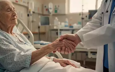 Ältere Patientenhand hält die Hand eines Arztes. Im Hintergrund verschwommen ein Krankenhausflur, der Fürsorge und Unterstützung symbolisiert. - Foto: über boerse-global.de