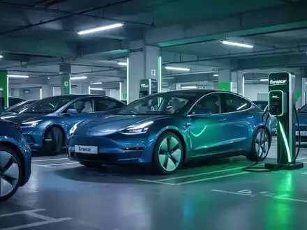 Eine Flotte moderner Elektrofahrzeuge in einer futuristischen Parkgarage, mit einer Ladestation im Vordergrund. - Foto: über boerse-global.de