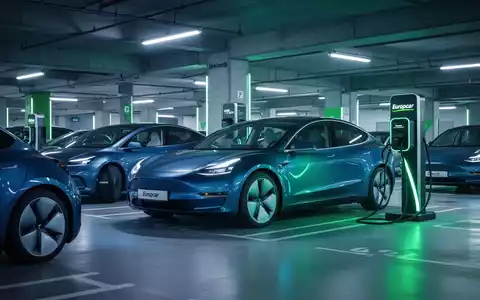 Eine Flotte moderner Elektrofahrzeuge in einer futuristischen Parkgarage, mit einer Ladestation im Vordergrund. - Foto: über boerse-global.de
