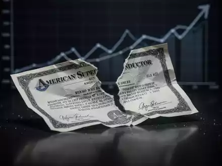 Ein zerrissenes American Superconductor-Aktienzertifikat liegt auf einer dunklen Oberfläche, im Hintergrund eine verschwommene Wachstumskurve. - Foto: über boerse-global.de