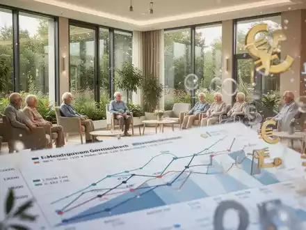 Ein modernes Seniorenwohnheim mit Finanzdiagrammen und Euro-Symbolen, das die Herausforderungen der Pflegefinanzierung in Deutschland darstellt. - Foto: über boerse-global.de