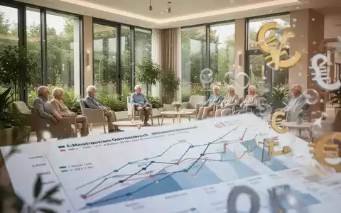 Ein modernes Seniorenwohnheim mit Finanzdiagrammen und Euro-Symbolen, das die Herausforderungen der Pflegefinanzierung in Deutschland darstellt. - Foto: über boerse-global.de