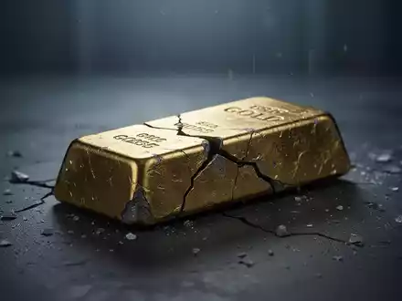 Ein gerissener Goldbarren liegt auf einer dunklen Oberfläche, symbolisiert den starken Wertverlust. - Foto: über boerse-global.de