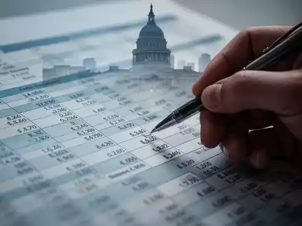Eine Hand, die mit einem Stift auf eine Finanzübersicht zeigt, mit einer verschwommenen Silhouette eines Regierungsgebäudes im Hintergrund. - Foto: über boerse-global.de